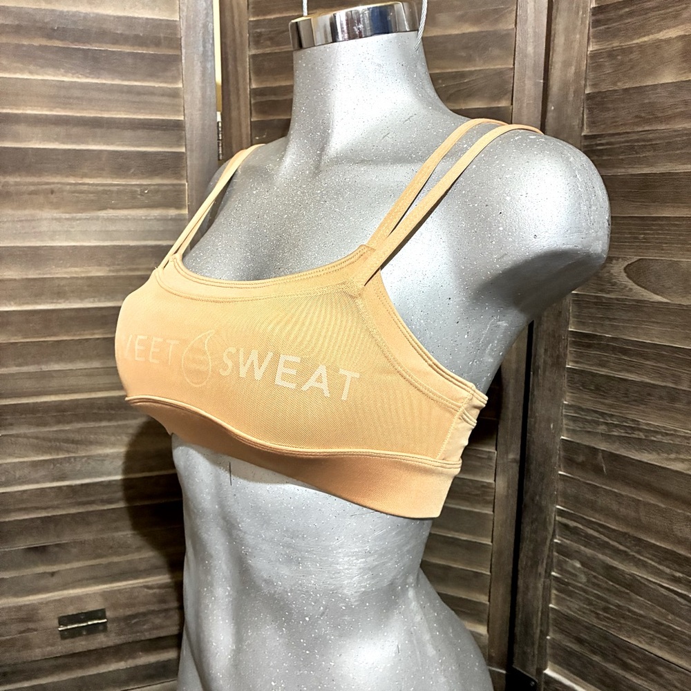 Sweet Sweat Sports Bra Tan Double Straps Mesh Yoga Workout Athletic Gym Sz Large - Picture 6 of 6